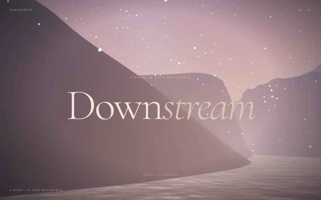 Claude Fable 5.1’s October Three.js scroll deliverable as loaded in the gate browser — a dusk river landscape titled Downstream, the highest-scoring cell on the board at 91.4