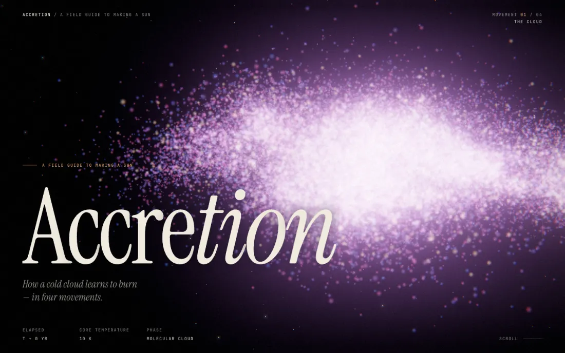 Claude Opus 5.5 at effort high on the Three.js scroll brief as loaded in the gate browser — a purple accretion disc with the title Accretion, perfect gates, judge 87.5