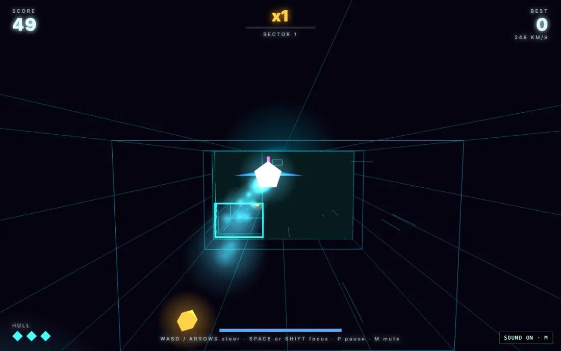 Claude Sonnet 5.5’s playable 3D game Void Runner mid-play in the gate browser — a neon ship threading obstacles in a dark tunnel