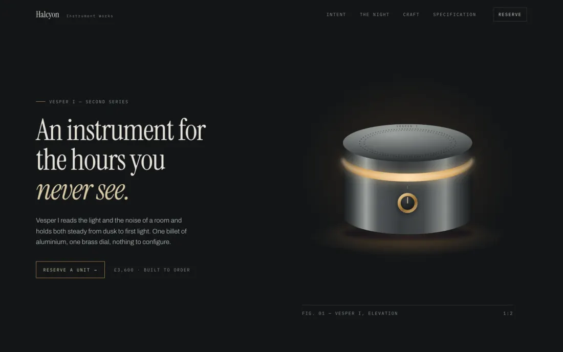 DeepSeek V4.1 Flash’s brand landing page as loaded in the gate browser — a dark product page for a desk instrument, judge 85 on craft