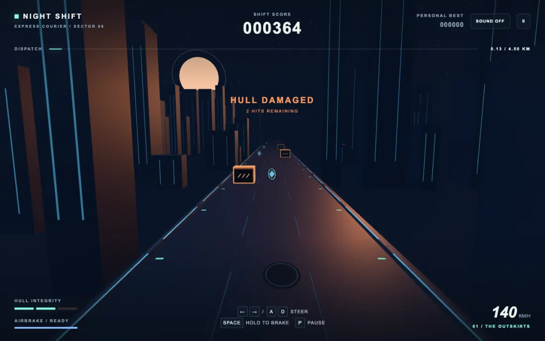 GPT-6 Astra’s playable 3D game Night Shift mid-play in the gate browser — a low-poly night road scene with a score counter