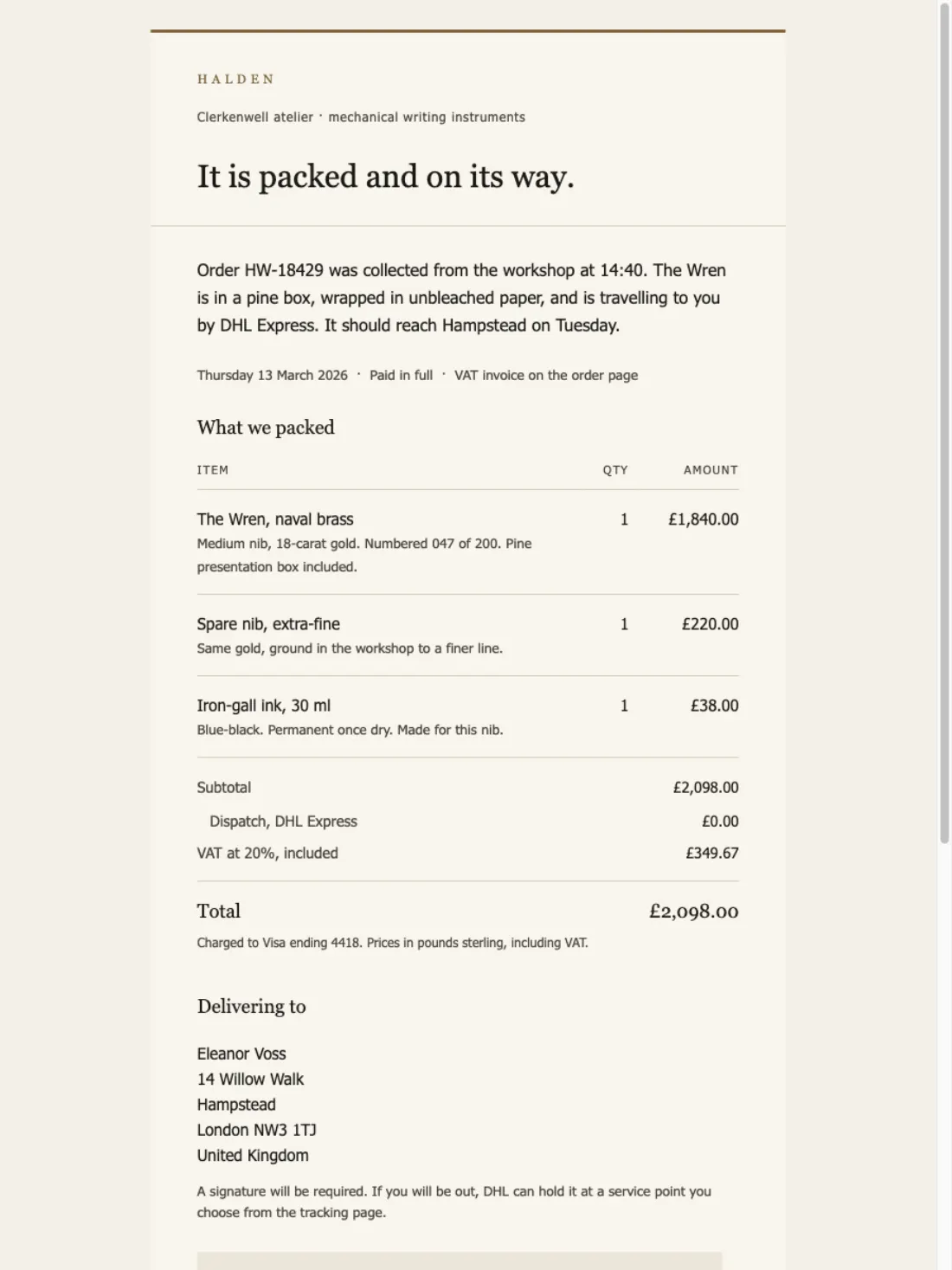 Grok 4.6's HTML email as loaded in the gate browser — the table-based deliverable that took the email brief from Claude Opus 5 at 87.6