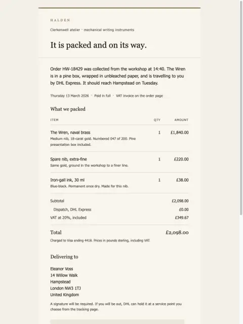 Grok 4.6's HTML email — table-based layout, the brief it took from Claude Opus 5