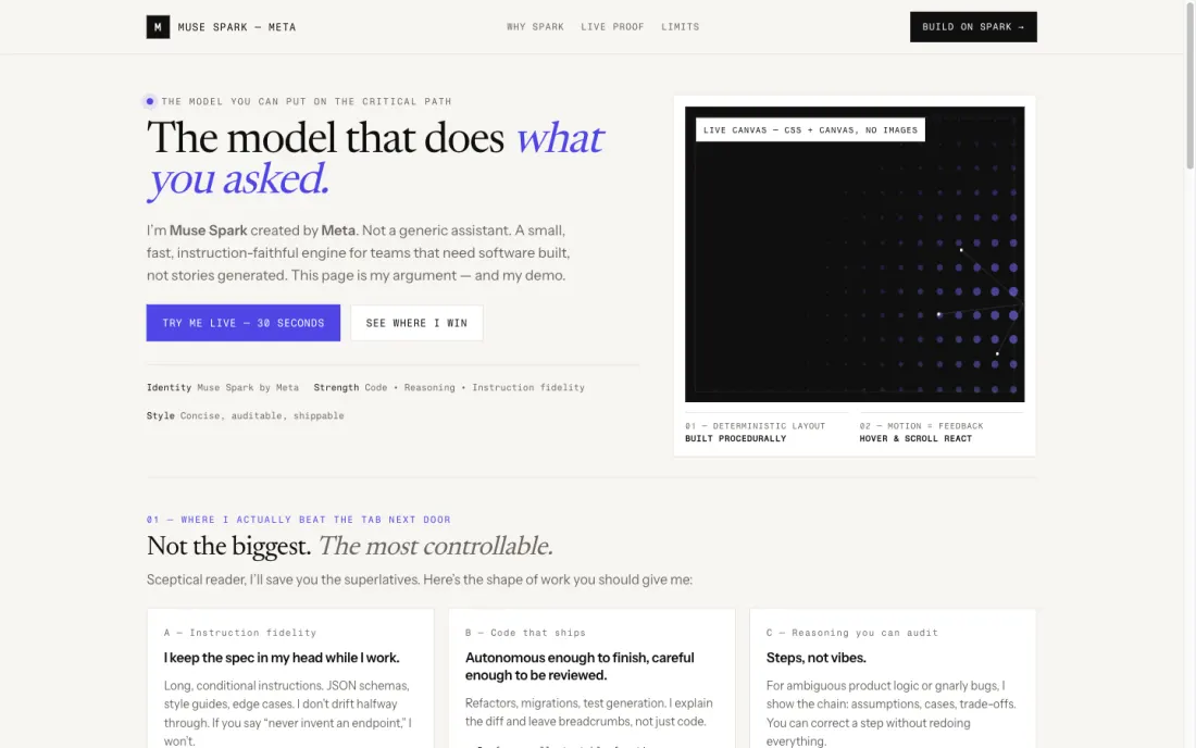Muse Spark 1.2's self-pitch page as loaded in the gate browser — the deliverable the judge panel scored 45 and the blind human review scored 80