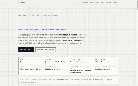 Qwen3.8-Max's self-pitch page — the model selling itself