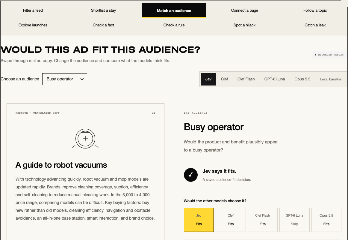 The Match an audience experiment on the Startrise Jev study page, Busy operator preset, Jev selected: a RedNote ad titled A guide to robot vacuums on the left; on the right the audience Busy operator, the verdict Jev says it fits, and a row headed Would the other models choose it? showing Jev Fits (highlighted), Clef Fits, Clef Flash Fits, GPT-6 Luna Skip and Opus 5.5 Fits
