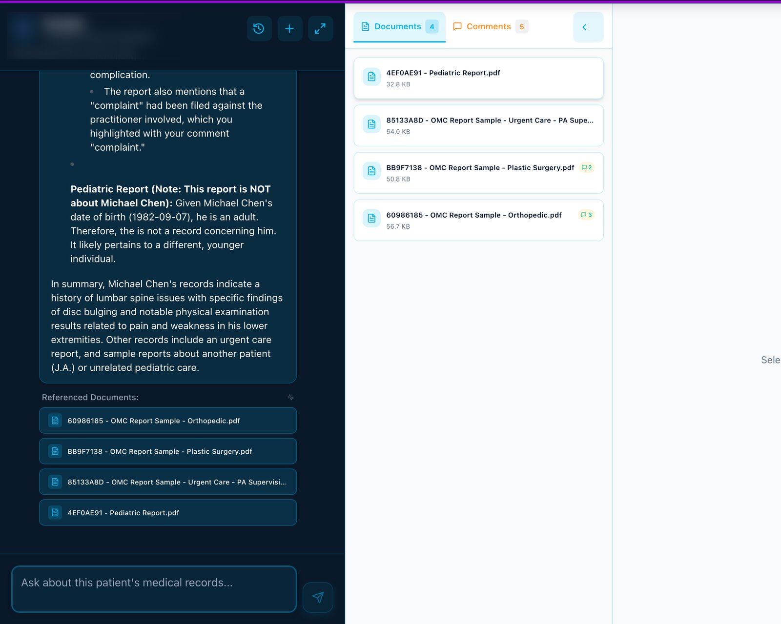 AI assistant workspace analyzing a patient's records next to the source document list