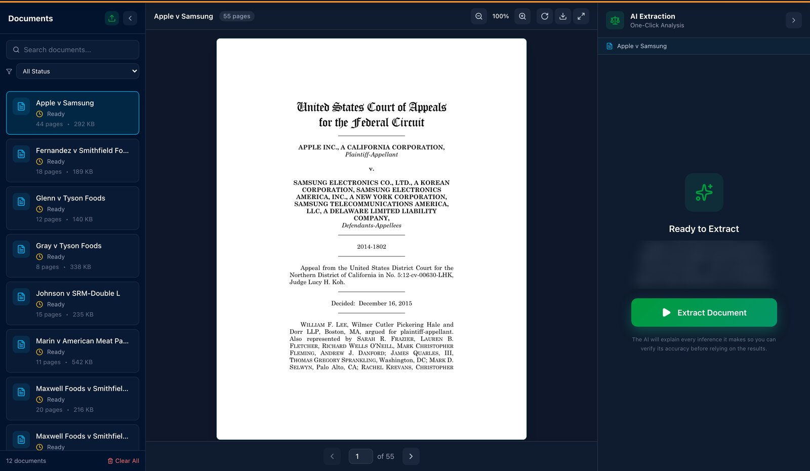 Document viewer with case file list, court filing preview and one-click AI extraction panel