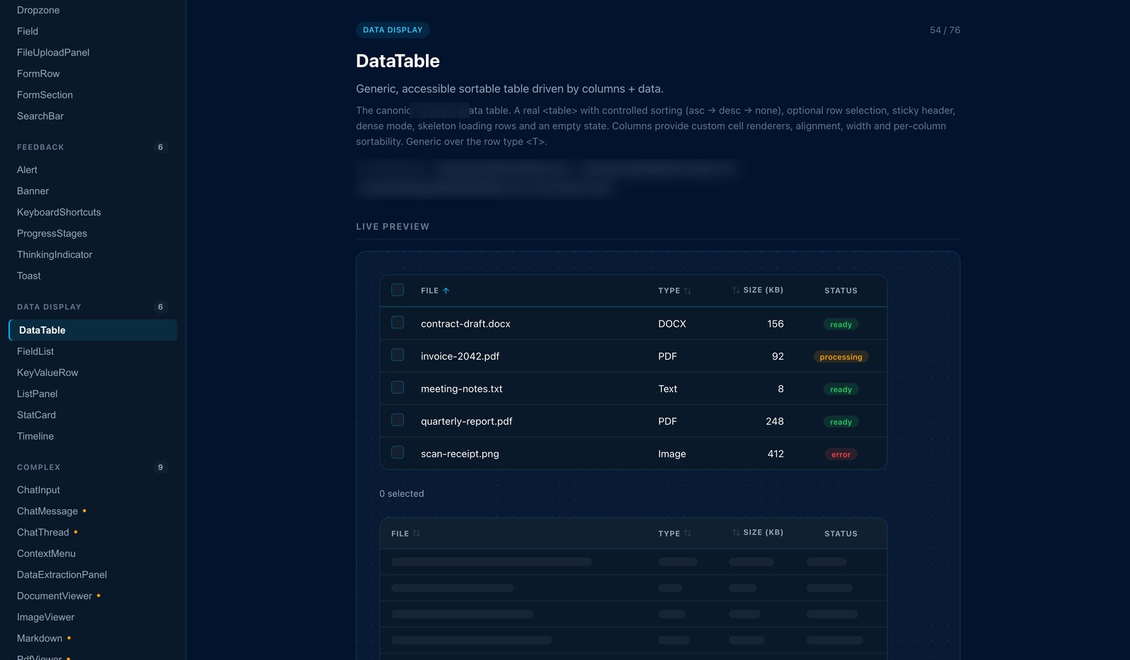Design-system catalog page showing a sortable data table component with live preview and empty states