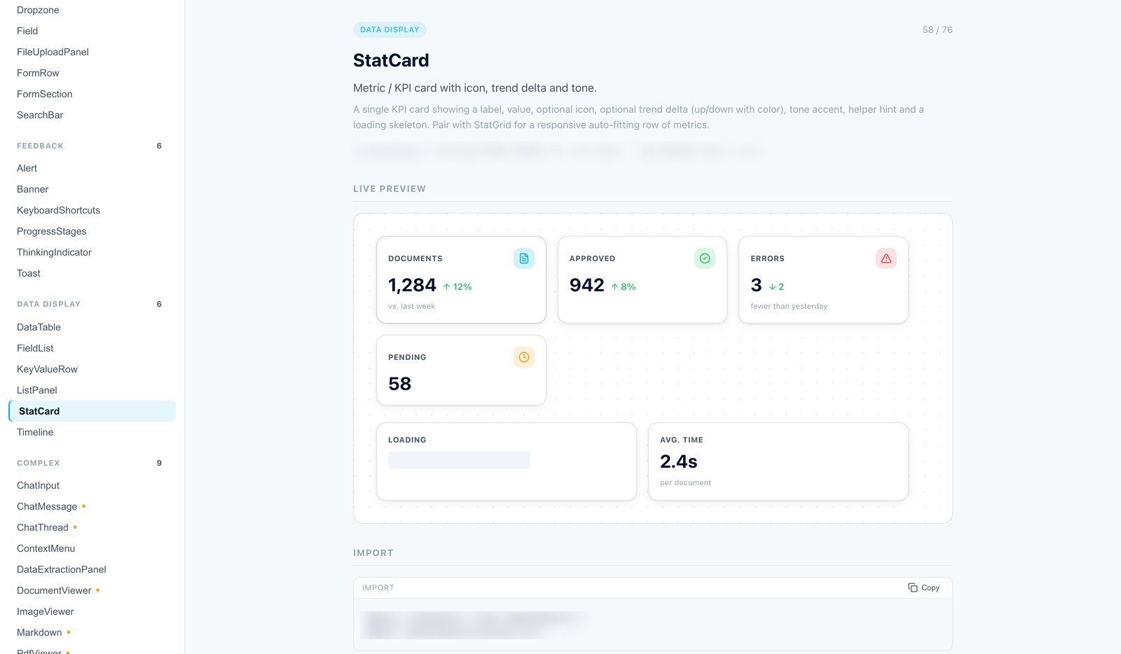 The same catalog in light theme showing KPI stat cards with trend deltas and loading skeletons