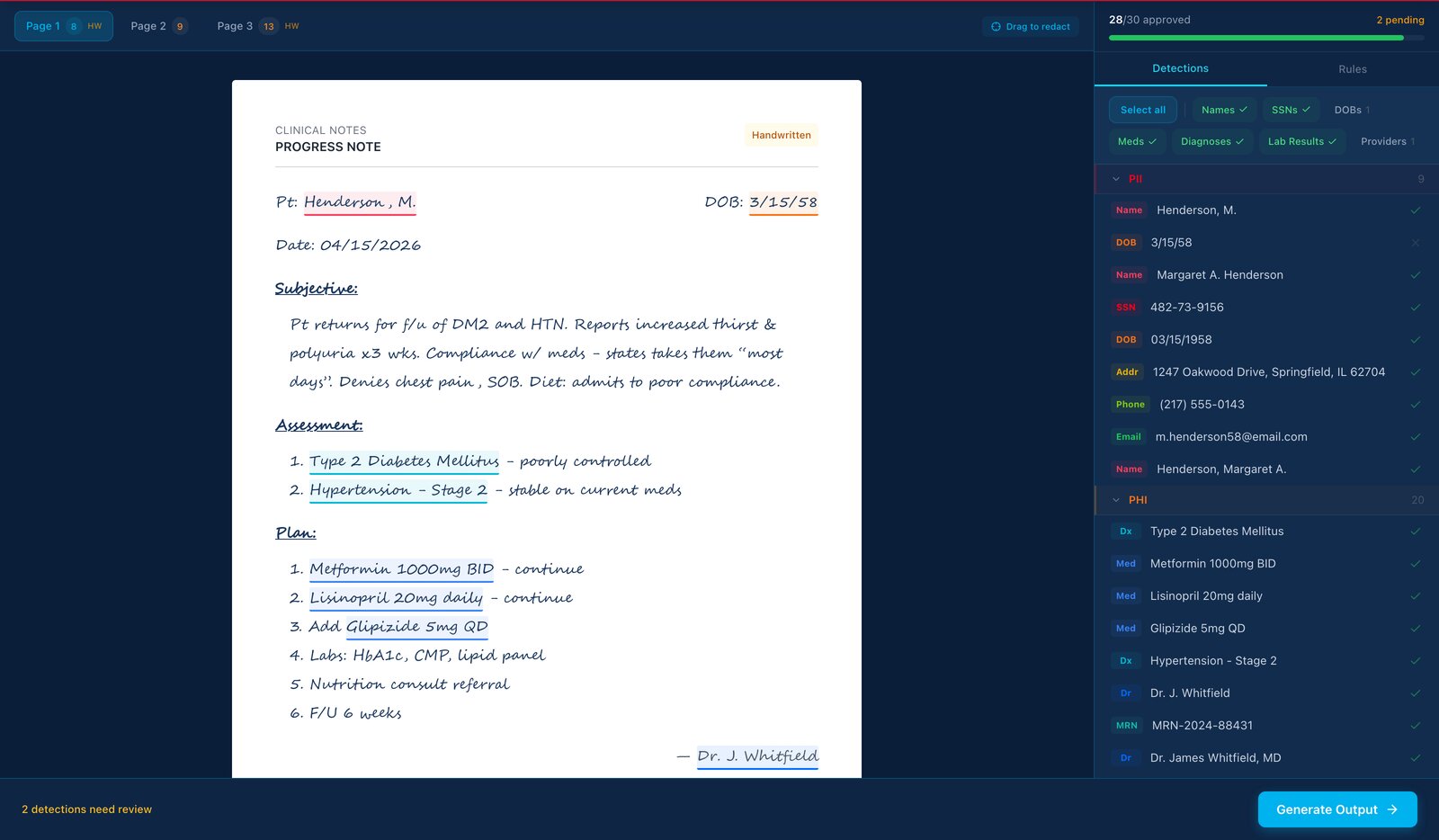 Redaction review screen: a handwritten clinical note with detected PII and PHI listed for approval in a side panel