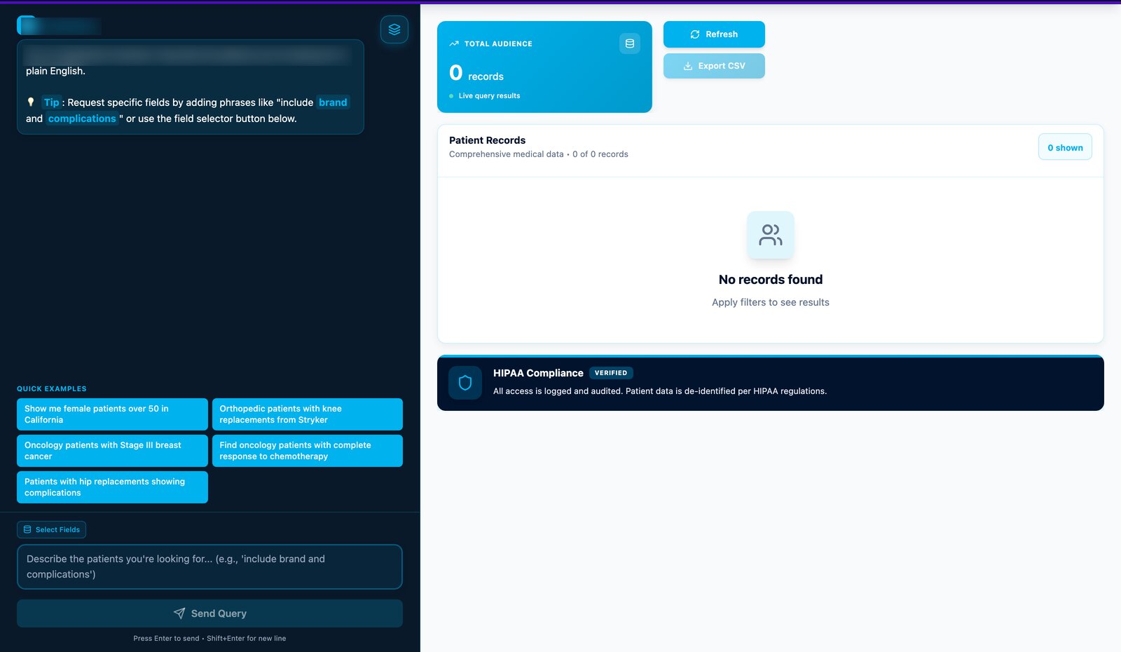 Natural-language query interface with example prompts, a live results panel and a HIPAA compliance banner