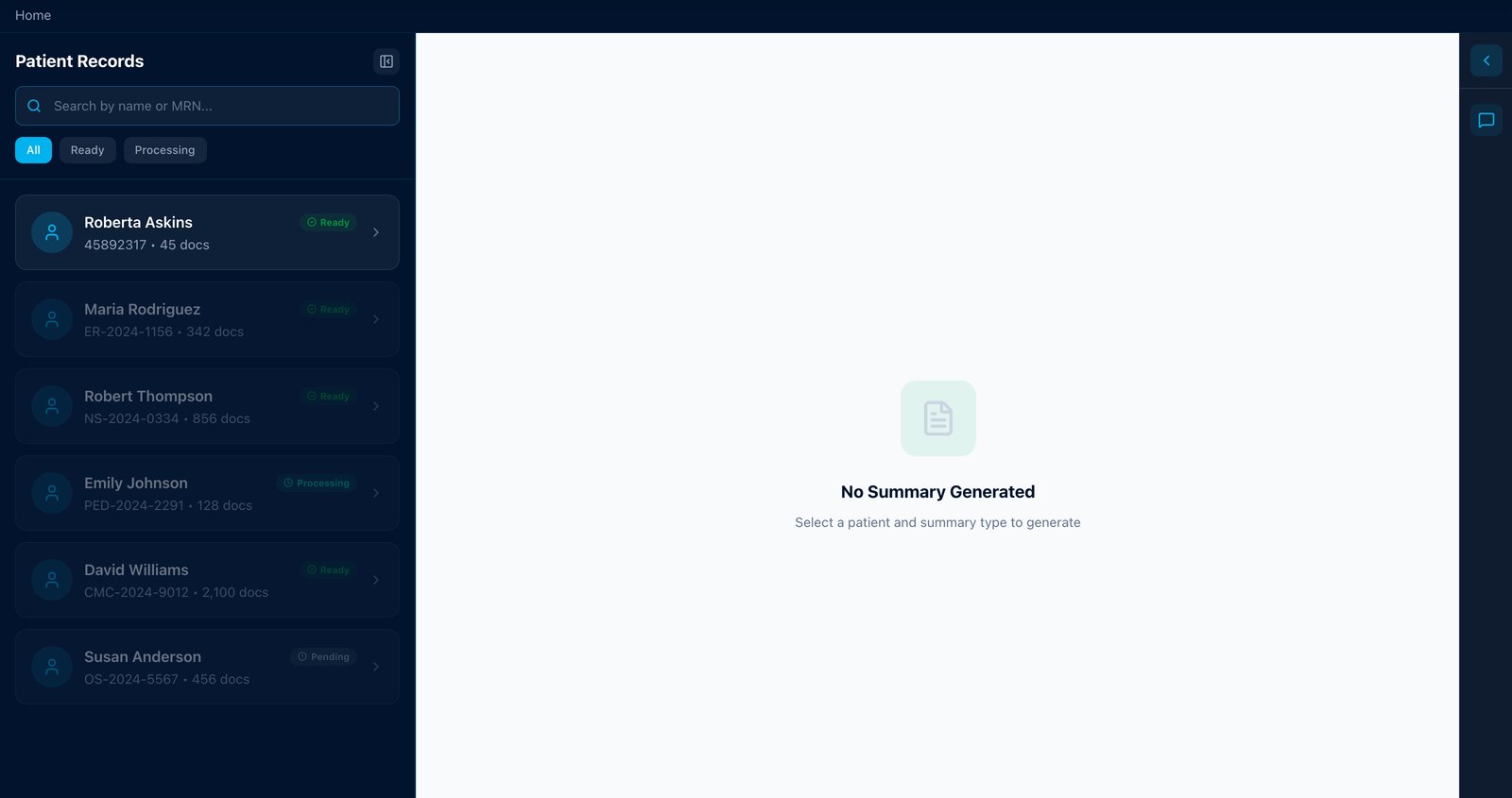 Records workspace with a searchable patient list, processing statuses and a summary pane