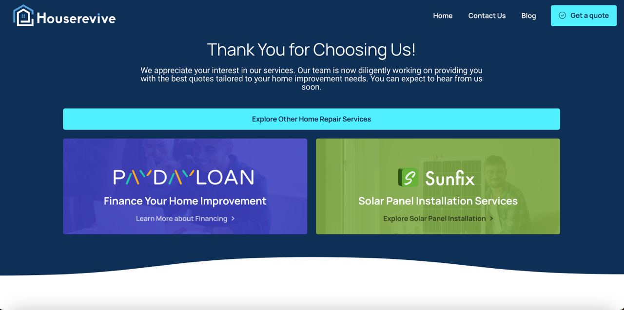 Houserevive thank-you page cross-selling PayDayLoan and Sunfix
