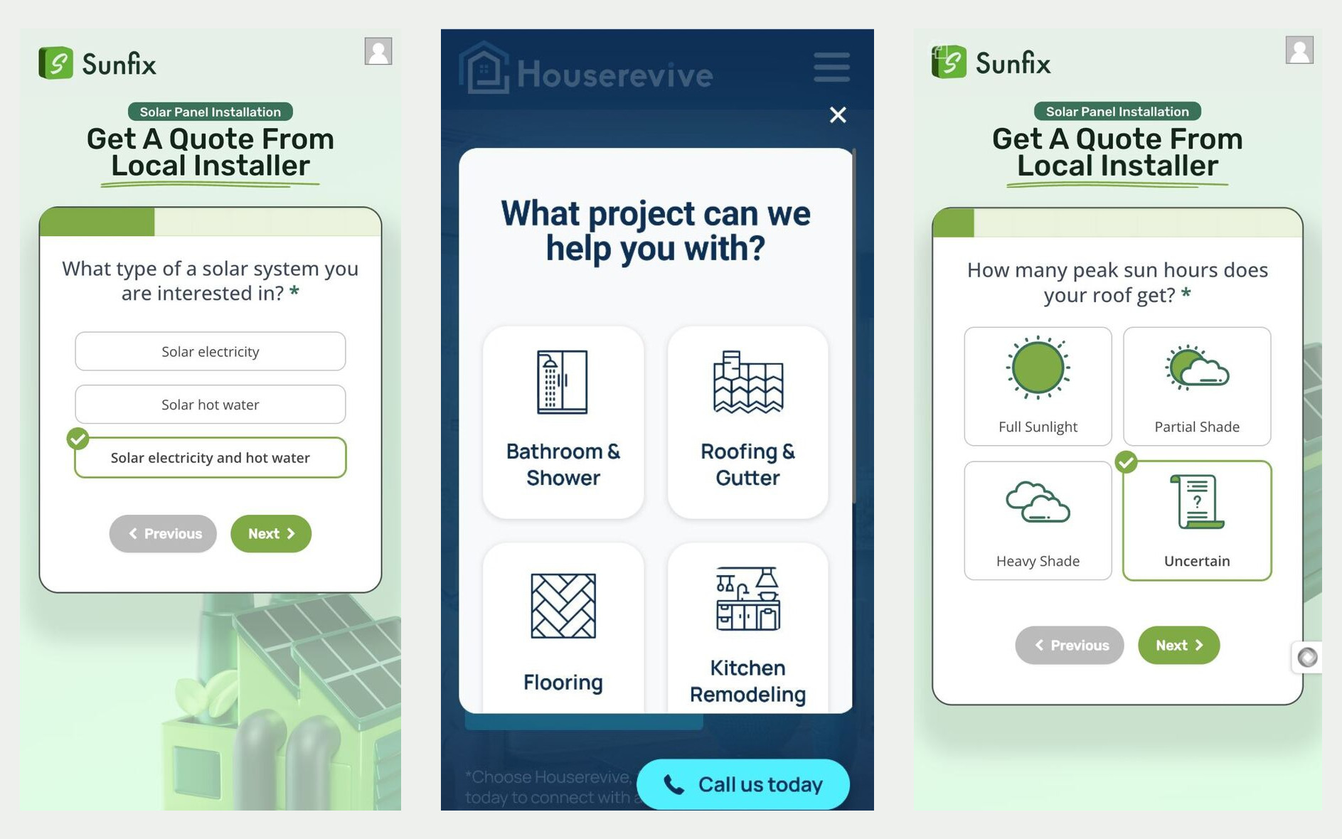 Three mobile funnel steps from Sunfix and Houserevive side by side