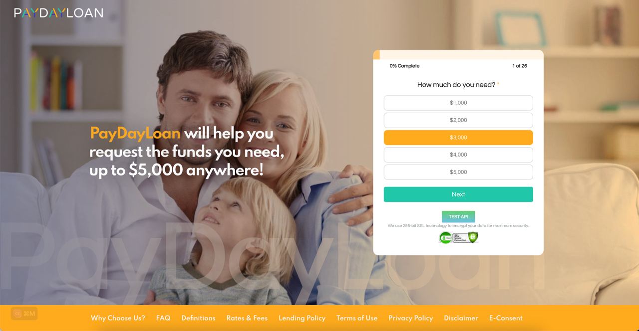 PDLoan landing page with quote form and amount selection