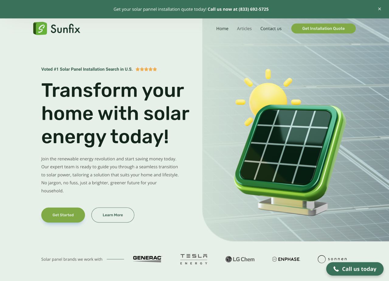 Sunfix solar homepage built on the shared lead-gen engine