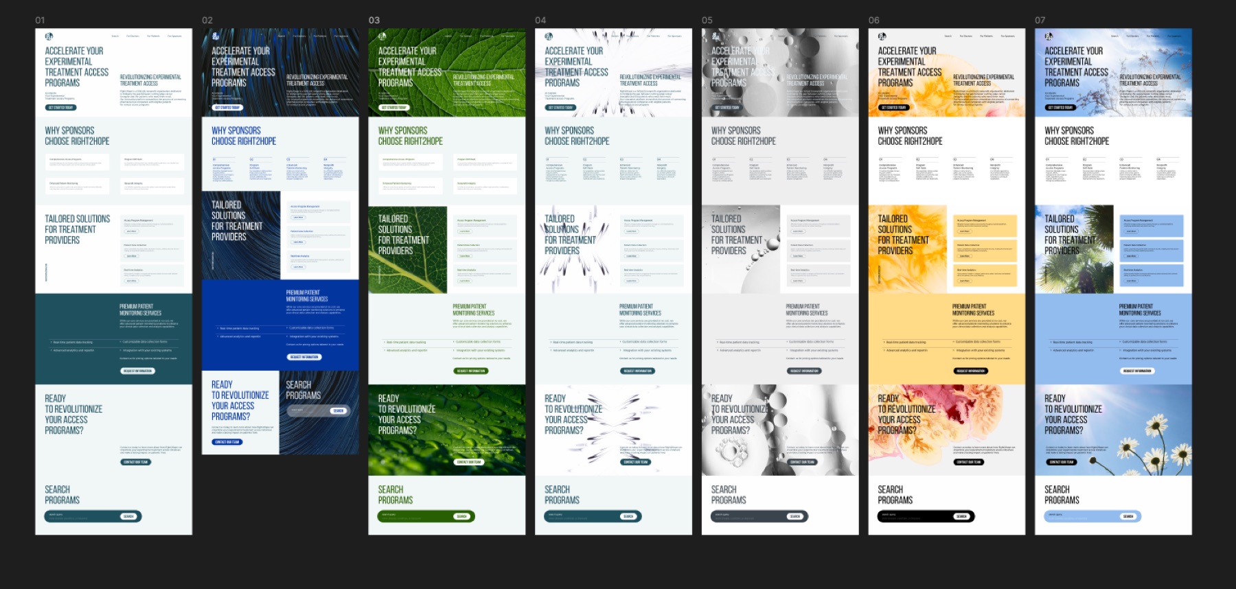 Seven art-direction explorations for the Right2Hope landing page